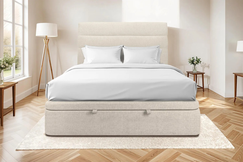 Lit coffre 160x200 cm avec Tête de lit à lignes - Tissu Toile natté Beige Clair