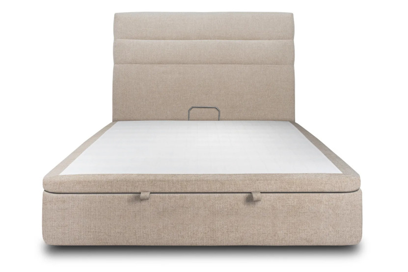 Lit coffre 200x200 cm avec Tête de lit à lignes - Tissu Toile natté Beige Brun