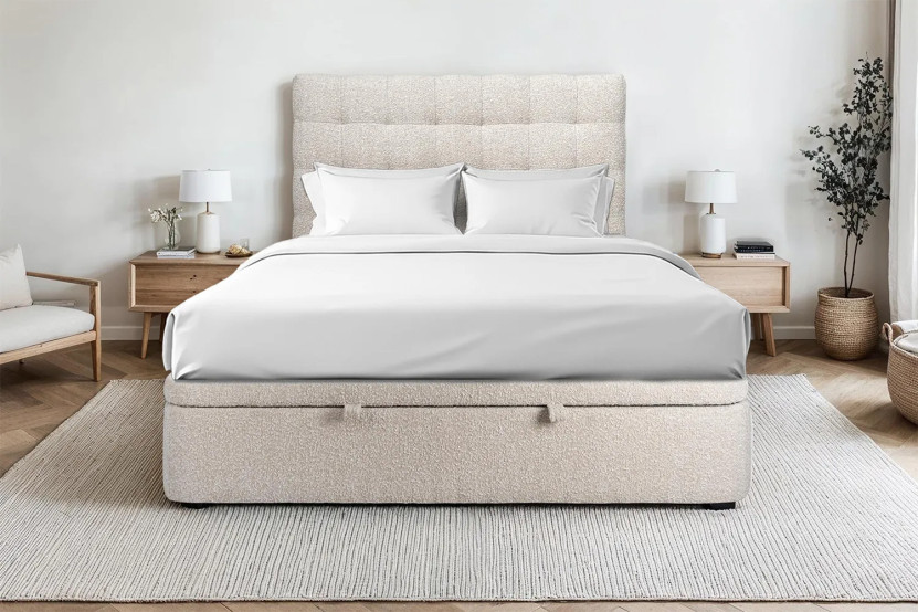 Lit coffre 200x200 cm avec Tête de lit capitonnée - Tissu Bouclette Beige Clair