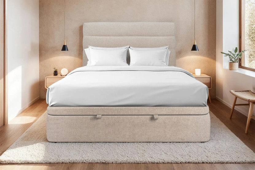 Lit coffre 140x190 cm avec Tête de lit à lignes - Tissu Toile natté Beige Brun