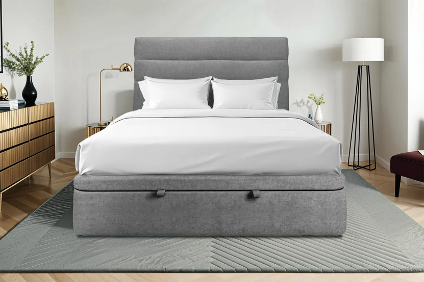 Lit coffre 140x190 cm avec Tête de lit à lignes - Tissu Toile natté Gris Anthracite