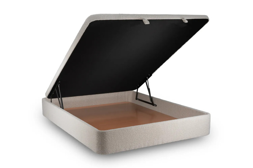 Lit coffre 140x200 cm avec Tête de lit capitonnée - Tissu Bouclette Beige Clair