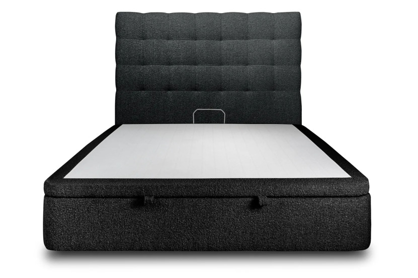 Lit coffre 180x200 cm avec Tête de lit capitonnée - Tissu Bouclette Noir