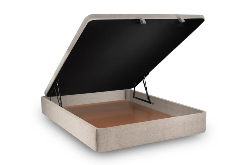 Lit coffre 140x190 cm avec Tête de lit à lignes - Tissu Toile natté Beige Brun