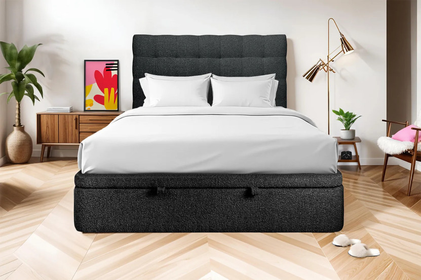 Lit coffre 200x200 cm avec Tête de lit capitonnée - Tissu Bouclette Noir